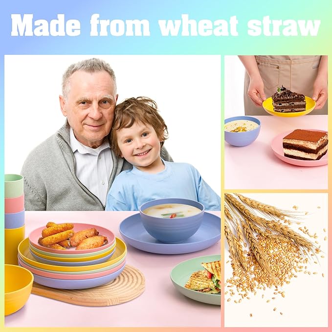 32 pcs Unbreakable Lightweight Wheat Straw Dinnerware Sets for 8, Reusable Kids Plates and Bowls Sets Non Toxic, Microwave and Dishwasher Safe Plastic Dishes Set, Camping RV Picnic Dishes