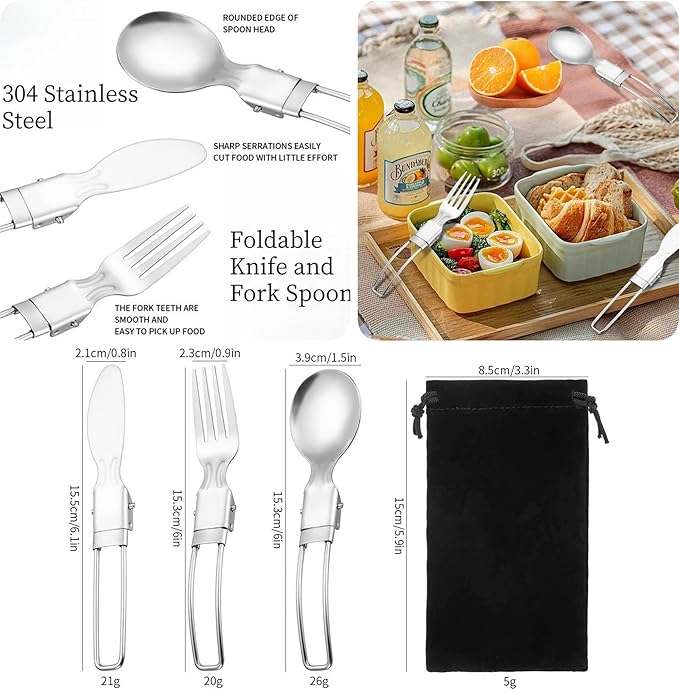 Camping Mess Kit for 1-2 Person, 8 Pcs Camping Utensils Set with 304 Stainless Steel, Your Go-to Travel Cutlery Set for Picnics, Hiking & Outdoor Getaways.