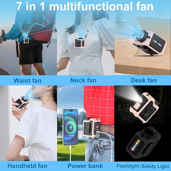 7-in-1 Multi-Use Portable Fan Hands Free Flashlight Etc,Christmas Gifts for Men Women,Turbo Powerful Cooling Personal Fan,10000mAh,24H Lasting,LED Display,Outdoor Travel Camping Fitness Gift (Pink)