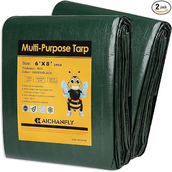 Heavy Duty Double-Sided Waterproof Poly Tarp 6x8 Feet 8mil Thick Polyethylene Tarps, Perfect for Outdoor Use, Plastic Cover & Mat for Tent Camping Storage Boat Bikes Vehicles, 2 Pack