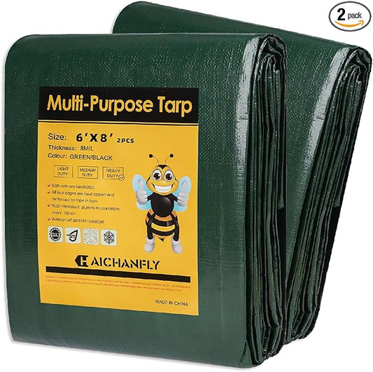 Heavy Duty Double-Sided Waterproof Poly Tarp 6x8 Feet 8mil Thick Polyethylene Tarps, Perfect for Outdoor Use, Plastic Cover & Mat for Tent Camping Storage Boat Bikes Vehicles, 2 Pack
