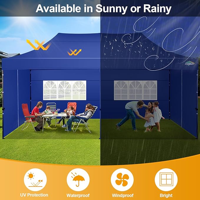 COBIZI 10x20 Pop Up Canopy with 6 Sidewall,Heavy Duty Canopy UPF 50+ All Season Wind Waterproof Commercial Outdoor Wedding Party Tents for Parties Gazebo with Roller Bag(10 x 20 ft Dark Blue)
