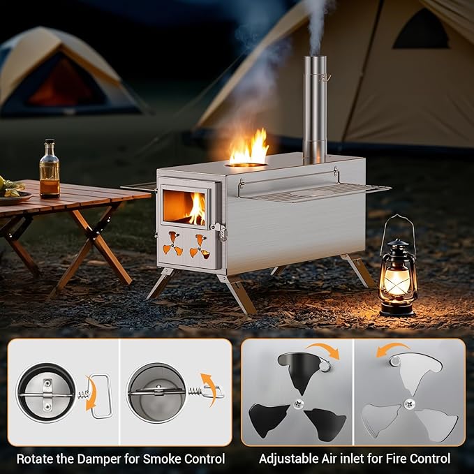 Hot Tent Stove, Camping Wood Stove for Tent, Portable Stainless Steel Wood Burning Stove with 7 Chimney Pipes for Wall Tent Camping, Cooking, Ice Fishing, Hunting, Boiling Water - Large