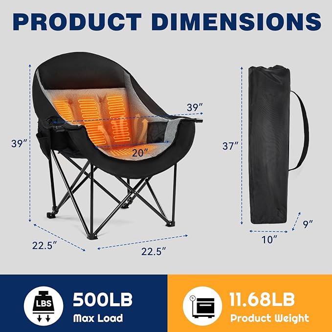 apollo walker Heated Camping Chair - Heavy Duty 500lbs Camping Chairs for Adults with Adjustable Heating, Cup Holder & Cooler Bag, Heated Chairs Outdoor Sports Beach Concert Stadium