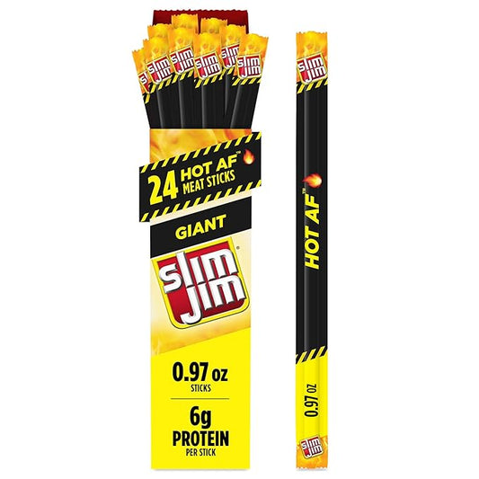 Slim Jim Giant Smoked Meat Sticks, Hot AF Flavor, 6g Protein Per Stick, 0.97 oz. (24 Count)