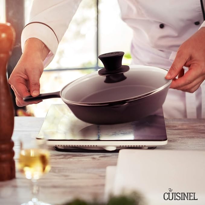Cuisinel Cast Iron Skillet with Lid - 8"-Inch Frying Pan + Glass Cover + Silicone Grip Handle Holder - Pre-Seasoned Cookware - Indoor/Outdoor, Grill, Stovetop, Camping Fire, Induction Oven Use