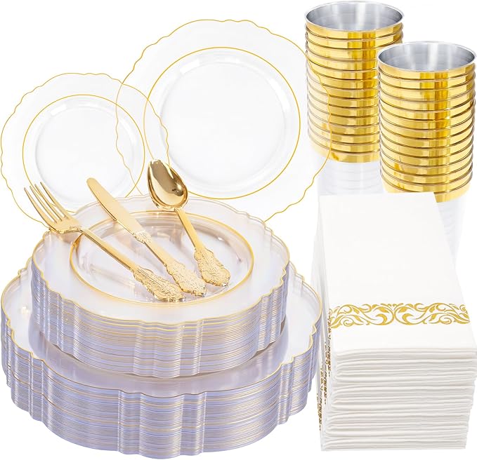KIRE 210Pcs Clear and Gold Plastic Plates - Heavy Duty Clear Plates with Gold Rim - Disposable Dinnerware Sets of 60 Plastic Plate 90 Silverware 30 Cups 30 Napkins for Wedding/Thanksgiving Parties