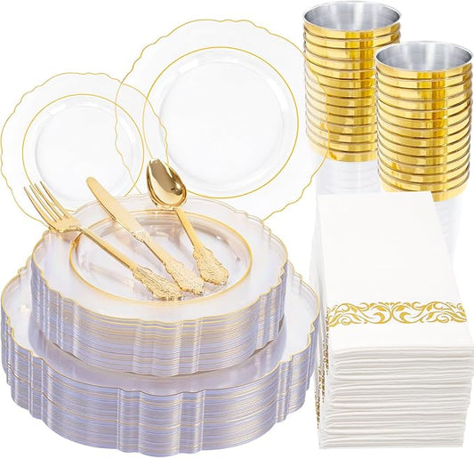 KIRE 210Pcs Clear and Gold Plastic Plates - Heavy Duty Clear Plates with Gold Rim - Disposable Dinnerware Sets of 60 Plastic Plate 90 Silverware 30 Cups 30 Napkins for Wedding/Thanksgiving Parties