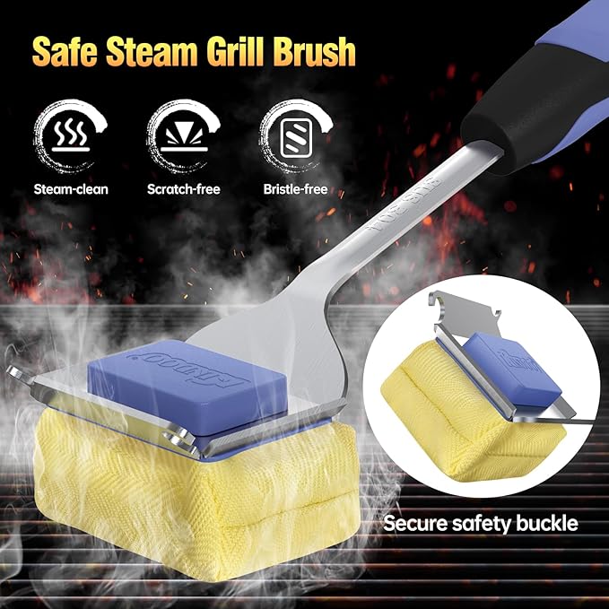 Grill Cleaning Brush Bristle Free for Outdoor Grill Brush Extended Handle for Cast Iron Stainless-Steel Grates, Replaceable BBQ Cleaner Brush Head, Steam Safe Grill Brush with Scraper, Purple