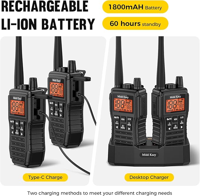 Midd Kacy MK208 Two Way Radio,Walkie Talkies,Multi-Function Walkie-Talkies with 61 Channels,121 Privacy Codes,New Flashlight,MEM,IP55 Waterproof,SOS,NOAA Weather Alerts,VOX-Black,2 Pack