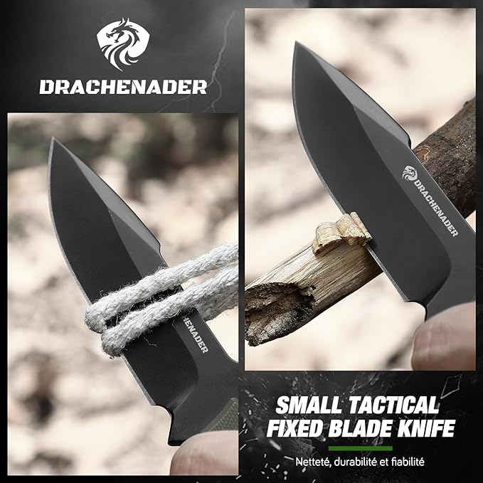 7" D2 Steel EDC Fixed Blade Knife, Versatile Carry with Kydex Sheath and G10 Handle (B- Black Balde + Green Handle)