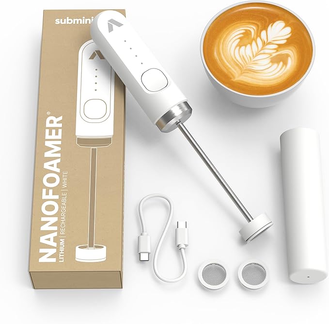 Subminimal Performance Milk Foamer - NanoFoamer Lithium Handheld Frother - Rechargeable, Dual-Speed - Microfoamed Milk in 30sec, Barista-Style Coffee - Coffee Lover Gifts - White Special Edition