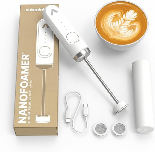 Subminimal Performance Milk Foamer - NanoFoamer Lithium Handheld Frother - Rechargeable, Dual-Speed - Microfoamed Milk in 30sec, Barista-Style Coffee - Coffee Lover Gifts - White Special Edition
