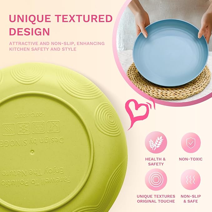 Homienly Wheat Straw Plates, Deep Dinner Plates Set of 4, Lightweight Unbreakable Plate Set - 10 Inch Microwave and Dishwasher Safe Plates for Camping, RV, Patio, Kitchen Dishes - Memphis Color