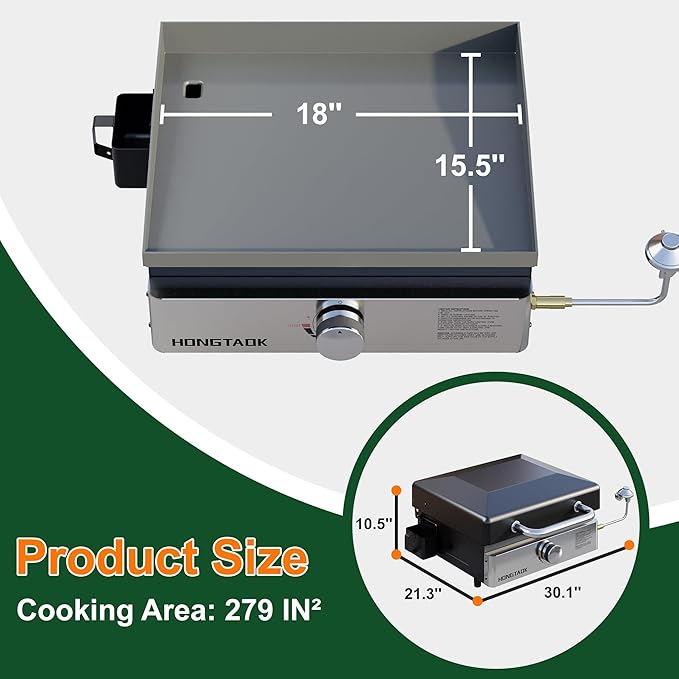 18 Inch Tabletop Propane Gas Grill Griddle with Lid & Stainless Steel Front Plate, Portable Propane Flat Top Grill for Outdoor, Cooking, BBQ, Camping