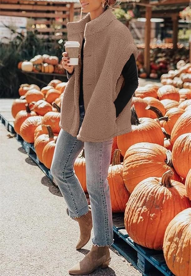 Hongqizo Womens Fuzzy Fleece Vest Casual Oversized Warm Button Down Sherpa Vest Jacket with Pockets