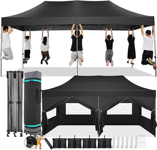 COBIZI 10x20 Pop Up Canopy with 6 Sidewall,Heavy Duty Canopy UPF 50+ All Season Wind Waterproof Commercial Outdoor Wedding Party Tents for Parties Gazebo with Roller Bag(10 x 20 ft Black)