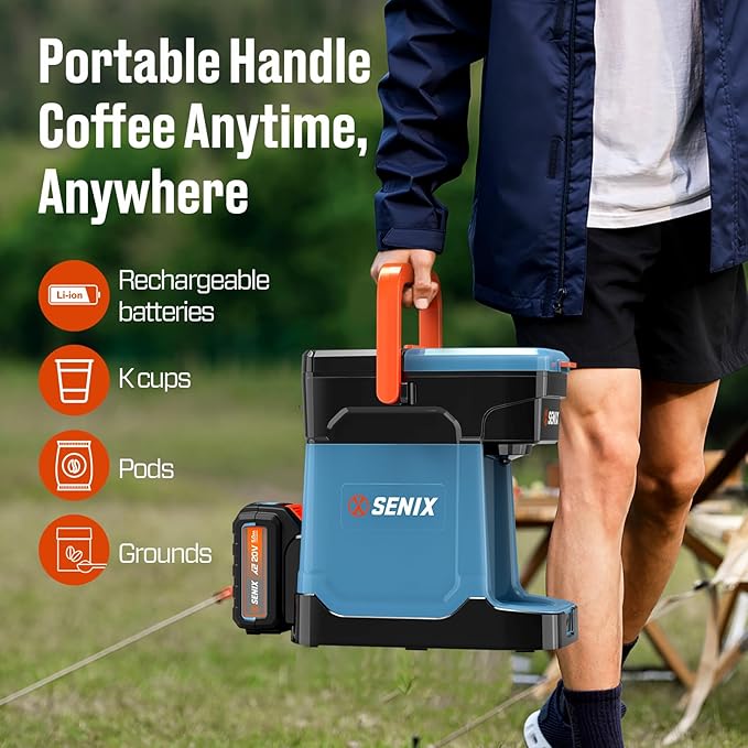 SENIX Coffee Maker, Portable Coffee Machine, 2-in-1 20V 5.0 Ah Battery, Charger & Power Cord, Compatible with K-Cups, Ground, Pods, 8oz Brew Size - for Travel, Camping, Job Site, RV, Home (CMX2-M4)