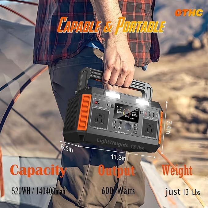 Portable Power Station 600W Output（1000W peak） 520Wh Capacity, fast charging, 4-Way Charging, Wireless Phone Charging, BMS Battery management system.