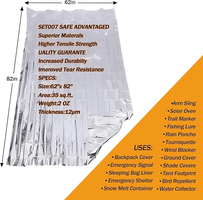 5-Pack Emergency Mylar Thermal Blankets, 82"x62" Space Blankets Foil Blanket, XL Camping Blanket for Outdoors, Hiking, Survival kit, Bug Out Bag，Marathons or First Aid, Silver