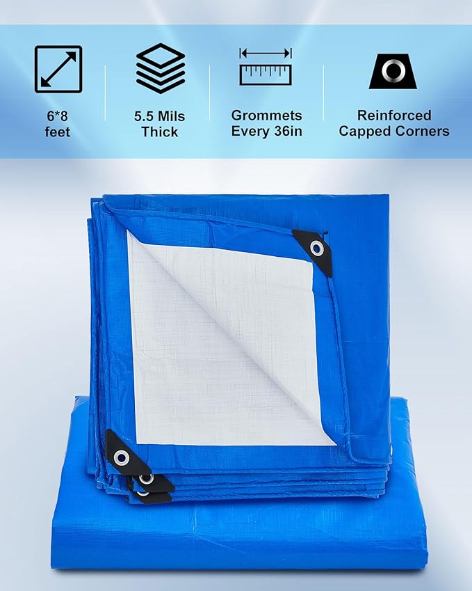 6 Pcs Large Waterproof Tarp 6 x 8 ft Heavy Duty 5.5 Mil Thick Poly Tarpaulin with Grommets Multipurpose Protective Cover for Summer Home Boats Cars Camping Rv Pool Tent