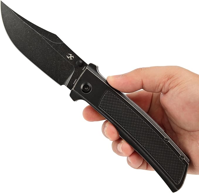 KANSEPT Bison Pocket Folding Knife, 4.25'' Blackwash CPM S35VN Steel Sharp Blade, Black Titanium with Frag Pattern Handle, Frame Lock and Thumb Stud for Edc, Camping Hiking Knives K1108A4
