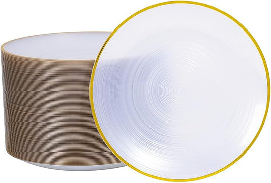 100PCS White Gold Plastic Plates, 7 Inch Heavy Duty Disposable Dessert Plates with Gold Rim, Round Appetizer/Salad Plates for Wedding, Party, Camping, Picnic