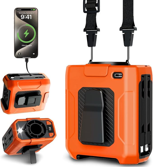 Portable Waist Fan - 5 Speeds 18000RPM Strong Airflow 10000mAh Battery Powered 35H Cooling - Hands-Free Waist Neck Desk Fan with Flashlight for Outdoor Jobsite Camping, Orange