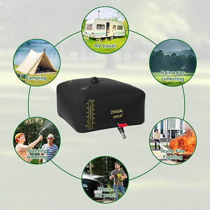 1000L/264Gal Water Bladder with Water Level Indicator, PVC Foldable and Portable Water Tank with 3 Connectors and Overflow Kit, Ideal for RV, Camping, Rainwater Collecting,Planting Watering