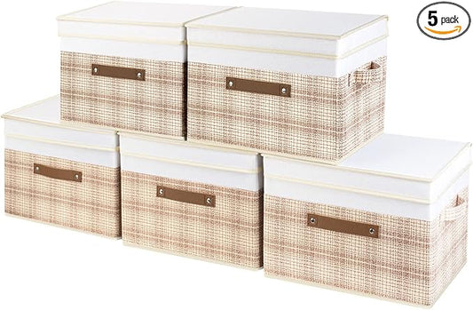 TYEERS Collapsible Storage Bins with Lids, Patchwork Design, Washable, Fabric Storage Boxes, 14.9x9.8x9.8 inches, 5 Pack, Camel Tan