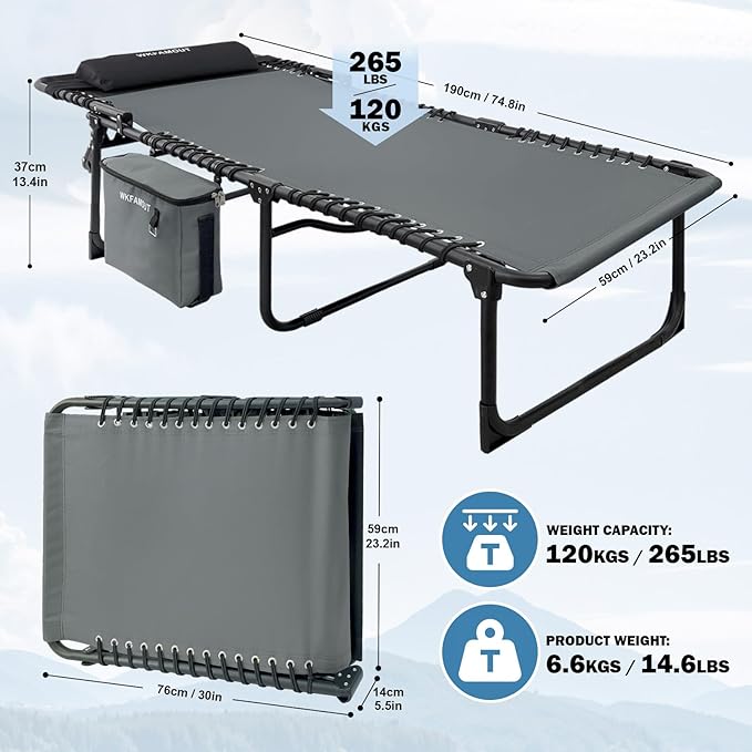 Folding Lounge Chair Outdoor with Insulated Cooler Bag Portable for Outside Patio Chaise Lounge Chair 5-Position with Pillow for Beach Sunbathing Pool Camping Lawn