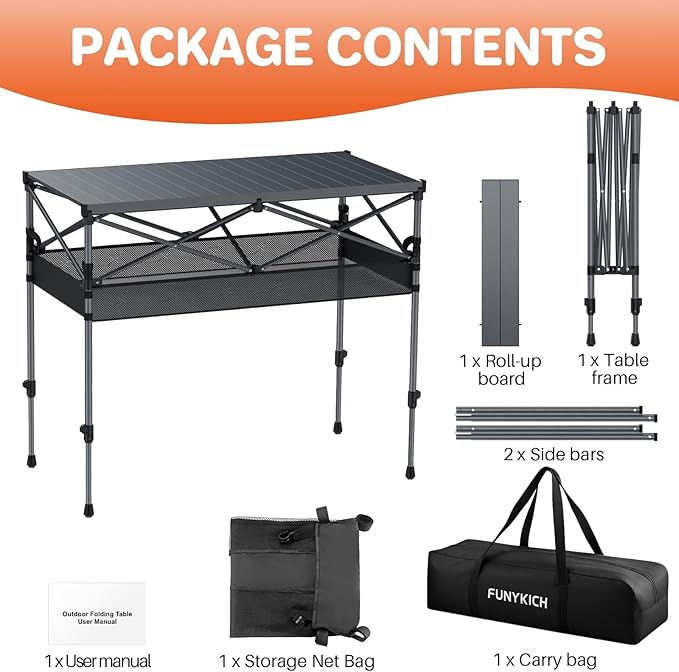 FUNYKICH Folding Camping Table(L39.4''xW19.7''), Aluminum Roll-up Portable Picnic Table with 2 Adjustable Height, Large Storage and Carrying Bag for Picnic, Camping, BBQ, Party, Backyard, Beach