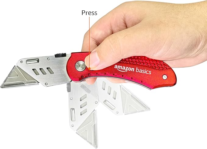 Amazon Basics Folding Utility Knife, Lightweight Aluminum Body, Red