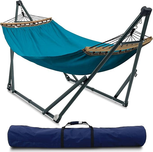 Tranquillo Hammock with Stand Heavy-Duty, Hammock Quick Fold Unfold, Steel Frame Hammock Canvas, Portable Hammock Stand Spreader Bar, 600 lbs Capacity Portable Relaxation Gear, Blue
