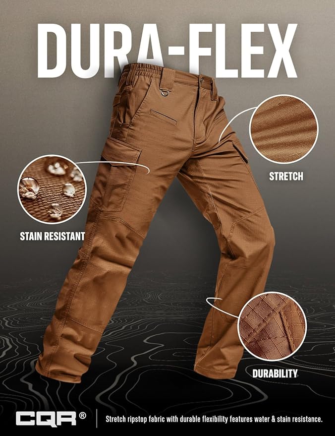 CQR Men's Flex Ripstop Tactical Pants, Water Resistant Stretch Cargo Pants, Lightweight EDC Hiking Work Pants