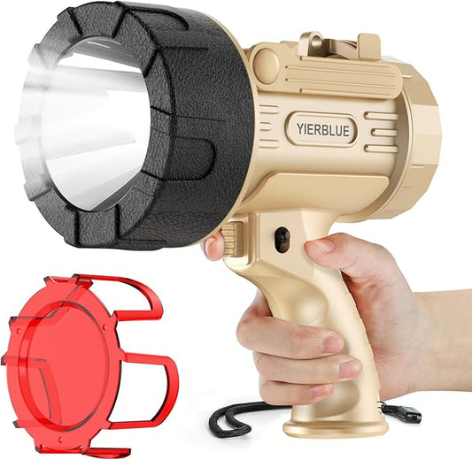 YIERBLUE Rechargeable Spotlight 1000,000 Lumen LED, IP67 Waterproof Handheld Flashlight, 3 Adaptable Settings Spot Light with Red Filter