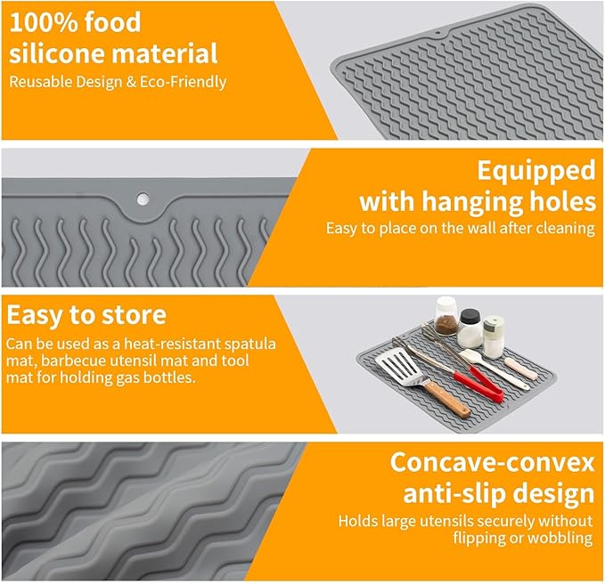 Silicone Grill Mat for Blackstone, Silicone Side Shelf Tool Mat, Outdoor BBQ Spatula Mat, with Drip Pad Kitchen Countertop Heat Resistant Mat, Griddle Accessories(Grey)