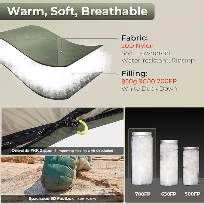 ATEPA Down Sleeping Bag, 700FP Mummy Cold Weather Ultralight 3 Season Compact Packable Waterproof Sleeping Bag with Stuff Sack for Backpacking Camping Hiking Traveling
