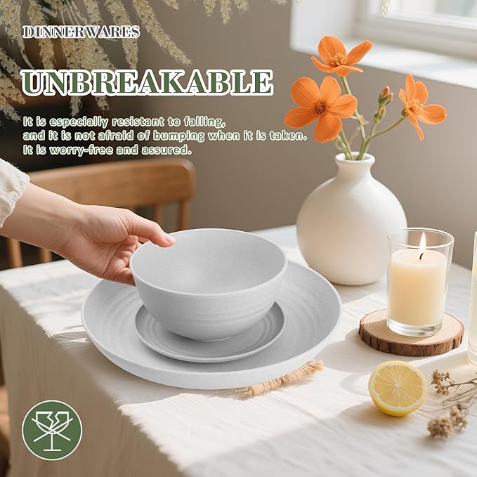 32-piece Kitchen Alternative Plastic Wheat Straw Dinnerware Sets,Unbreakbale Dishwasher Safe Kitchen Bowls and Plates Sets with Cups,Modern Apartment Essential Dishes Set for 8.White Series