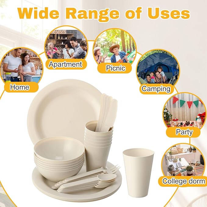 LemonRoad 12 Set College Dorm Dishes Essential Kit, Plates and Bowls Back to School Beige Room Dishes Set with Storage Mesh Bag Cup, Microwave Dinnerware Picnic for RV Camping