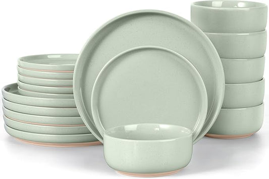 LIANYU Plates and Bowls Sets, 18 Piece Modern Speckled Dinnerware Set, China Dinnerware Dishes, Service for 6, Scratch Resistant & Dishwasher Safe, Fog Green