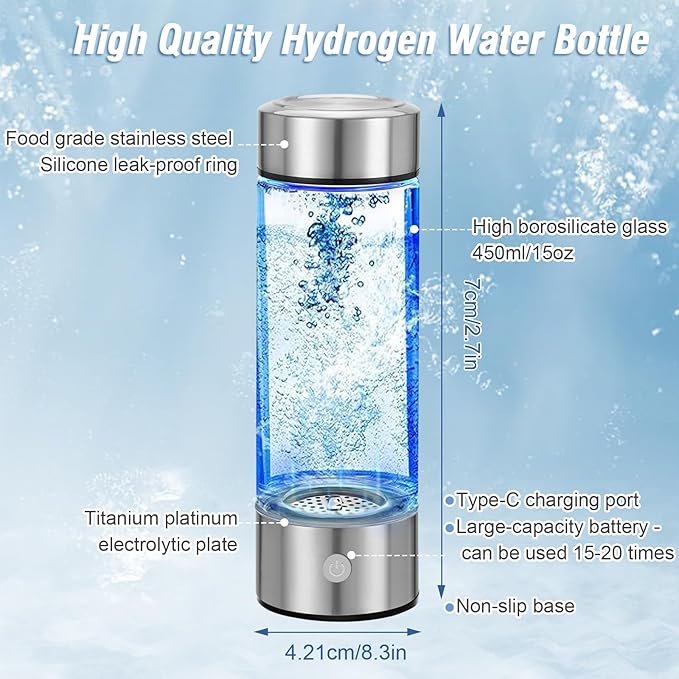 2025 New Hydrogen Water Bottle, Rechargeable Hydrogen-Rich Water Generator Machine with SPE PEM Technology,for Home Office Travel Fitness Drinking, Portable, Glass, Stainless Steel, 450ml