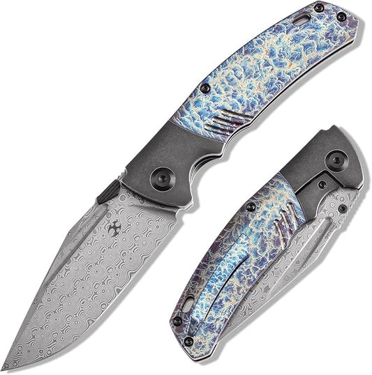 KANSEPT Hinterlan Pocket Folding Knives for Men EDC Camping Folding Knife 3.58'' Damascus Blade with Blackwash Titanium Lightning Strike Finished Titanium Inlay Handle Everyday Carry K1057A6