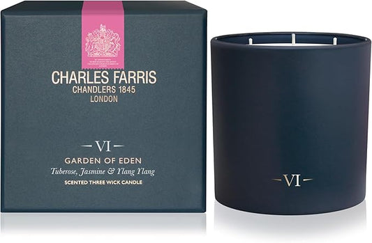 Charles Farris Luxury Scented Candle – 3 Wick, Hand-Poured, Long Lasting, Clean Burning, 640g / 22.5oz, Up to 80 Hours of Burn Time, Made in England – Tuberose, Jasmine & Ylang Ylang – Garden of Eden