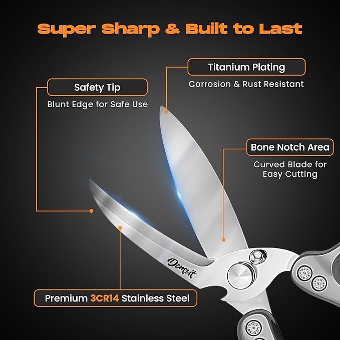Poultry Shears Heavy Duty Professional, Kitchen Shears for Food, Kitchen Scissors Heavy Duty, Food & Meat Scissors, Dishwasher Safe Chicken Cutters. Spring Loaded, Silver