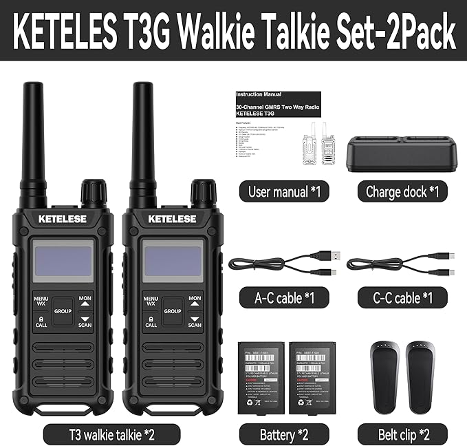 T3G Heavy Duty Walkie Talkies for Adults, IP67 Waterproof Long Range 2 Way Radio, with Earpiece and Mic, Type-C Charge Dock&Cable, VOX, NOAA, PTT, Group 2 Pack, Black/Grey