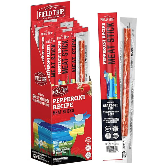 Field Trip Grass Fed Pepperoni Jerky Snack Sticks, Keto, Paleo, Gluten Free, Allergy Friendly Snack, High Protein, 100 Calorie Snack, 1oz, 24 Pack