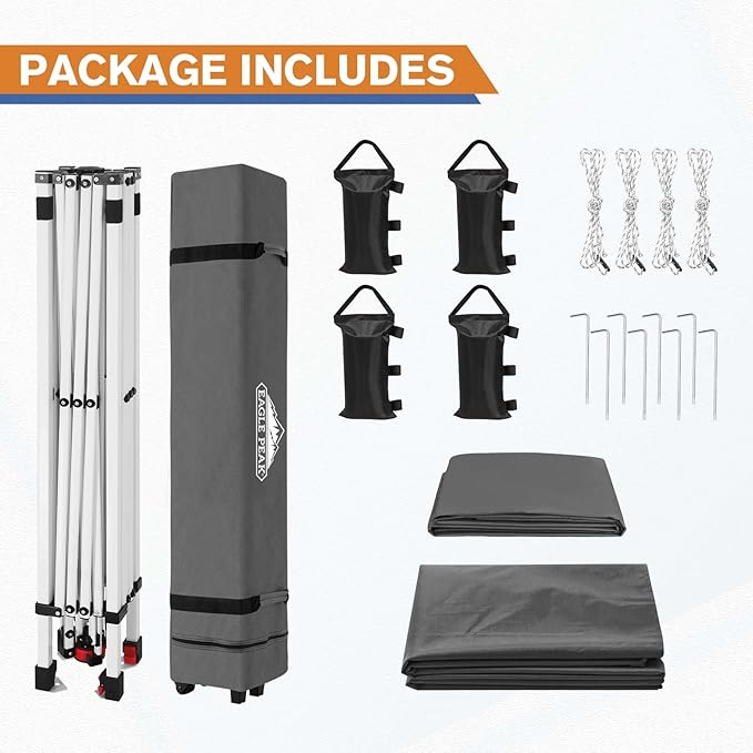 EAGLE PEAK Pop Up Canopy Tent with 1 Sidewall, Easy Setup Event Tent, Outdoor Sun Shade, Wheeled Carry Bag, Stakes and Guy Ropes, Instant Canopy 10x10, Gray