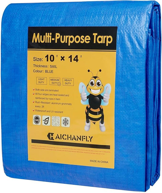 Double-Sided Waterproof Poly Tarp 10x14 Feet 5mil Thick Polyethylene Tarps, Perfect for Outdoor Use, Plastic Cover & Mat for Tent Camping Storage Boat Bikes Vehicles
