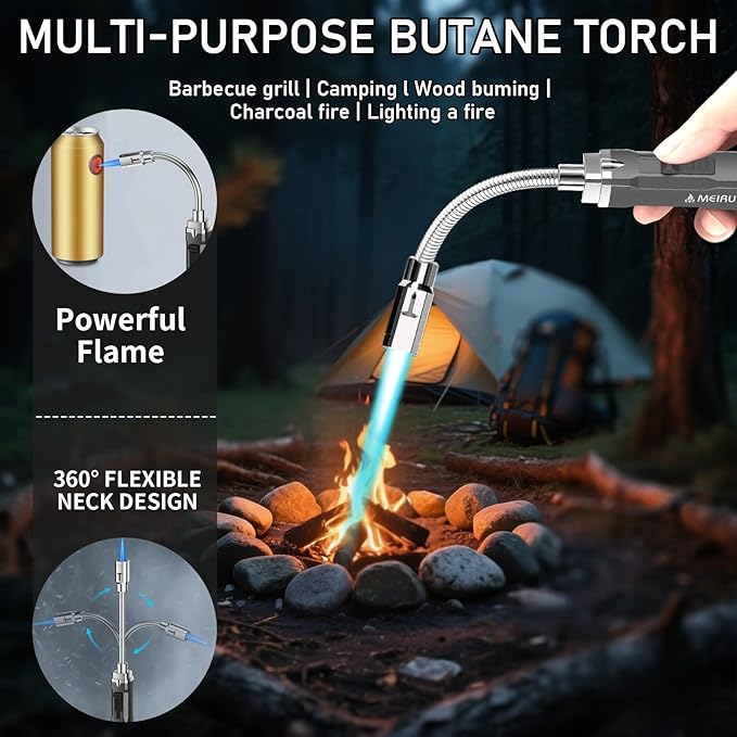 Torch Lighter, Long Flexible Neck Refillable Butane Lighter, Jet Flame Windproof Lighter with Visual Fuel Window for Kitchen Cooking, Baking, BBQ & Camping (Fuel Not Included)